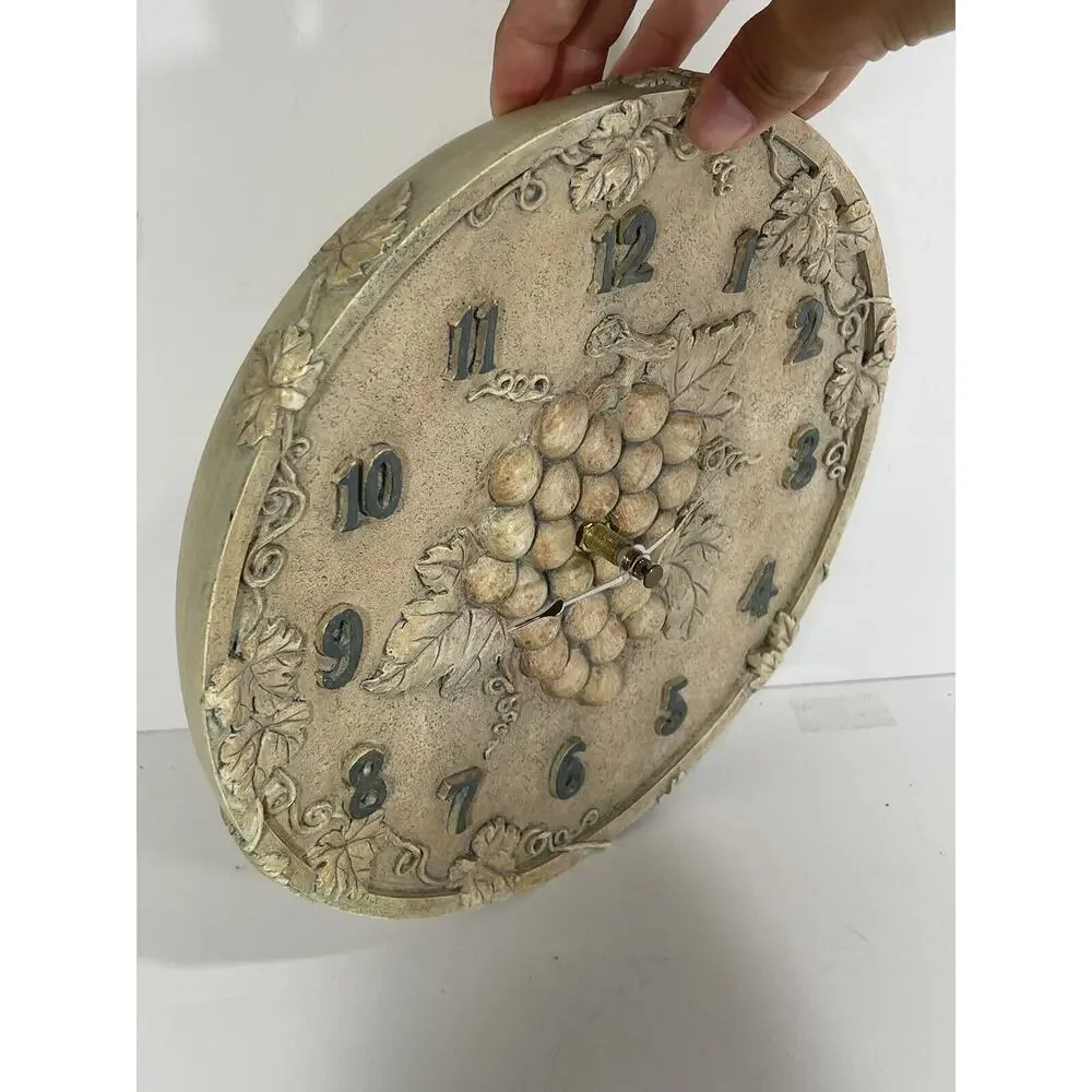 Vintage Ceramic Wall Clock Grapes Motif Gorgeous Round Fruits‎ Rustic Stone Like